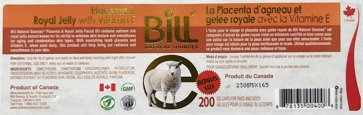 Lamb Placenta & Royal Jelly with Vitamin E Facial Oil, 200 Gelcaps, Bill Natural Sources Beauty & Personal Care Bill Natural Sources