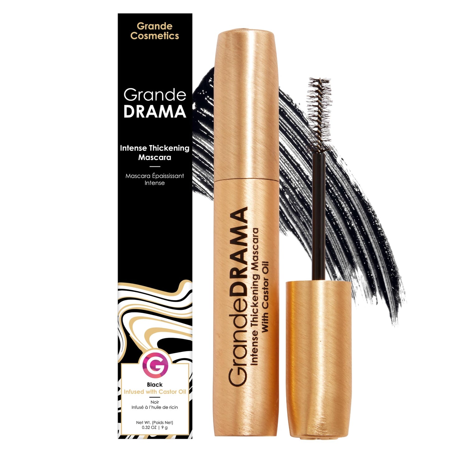Grande Cosmetics GrandeDRAMA Intense Thickening Black Mascara with Castor Oil, Volumizing, Conditioning, Buildable formula (0.32 oz) Beauty & Personal Care Grande Cosmetics