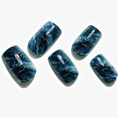 GLAMERMAID Ombre Press on Nails Medium Square, Fall Peacock Blue Marble Jelly Soft Gel Nails Square Fake Nail, Glossy Stick Glue 0n Nail Kit Beauty & Personal Care GLAMERMAID