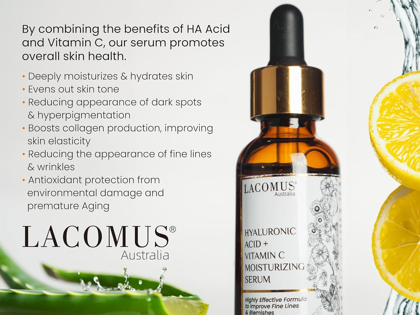 Hyaluronic Acid + Vitamin C Moisturizing Serum for Fine Lines and Blemishes - Organic and Cruelty-Free Skin Health Booster - Moisturizing Formula Beauty & Personal Care LACOMUS Australia