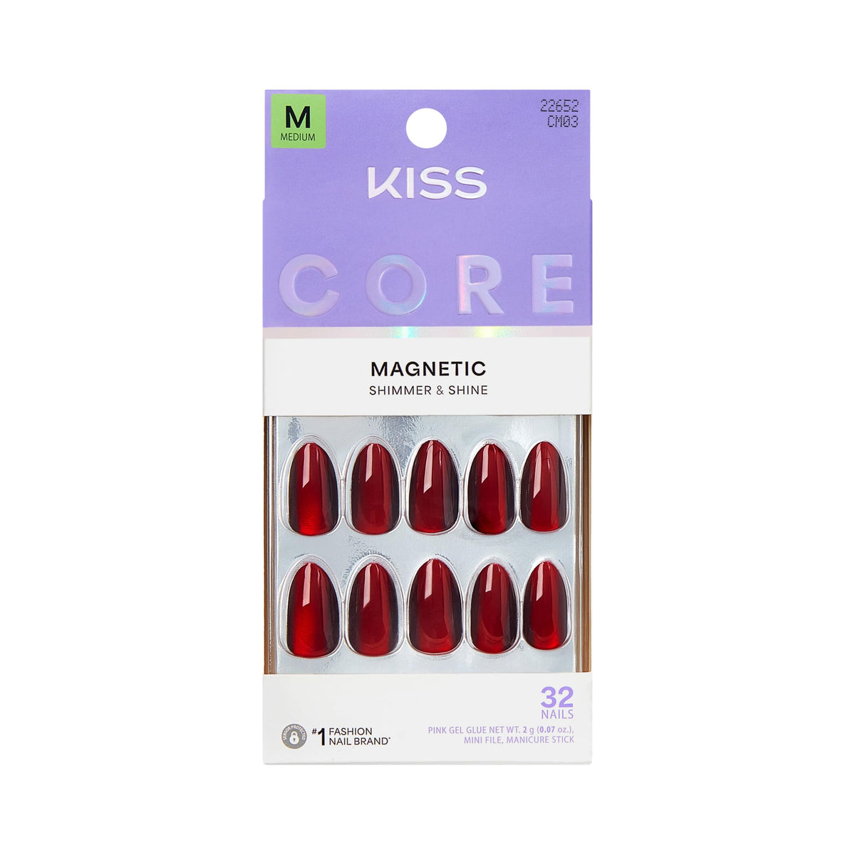 Kiss Core, Press On Nails, Nail glue included, 'Apple Blossom', Red, Medium Size, Almond Shape, Includes 32 Nails, 2g Glue, 1 Manicure Stick, 1 Mini