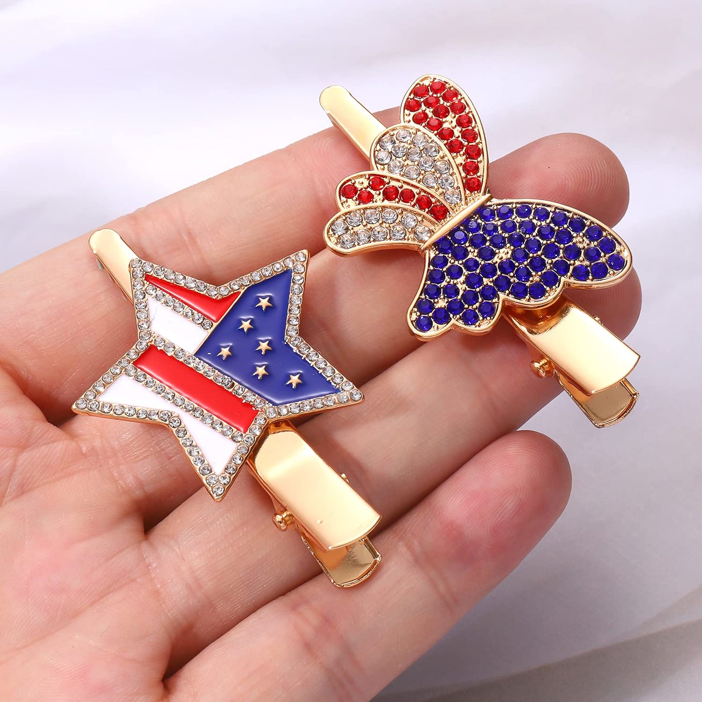 4th of July Patriotic Hair Clips Rhinestone American Flag Star Heart Bows Alligator Metal Clips Crystal Red White and Blue USA Independence Day Beauty & Personal Care BVGA