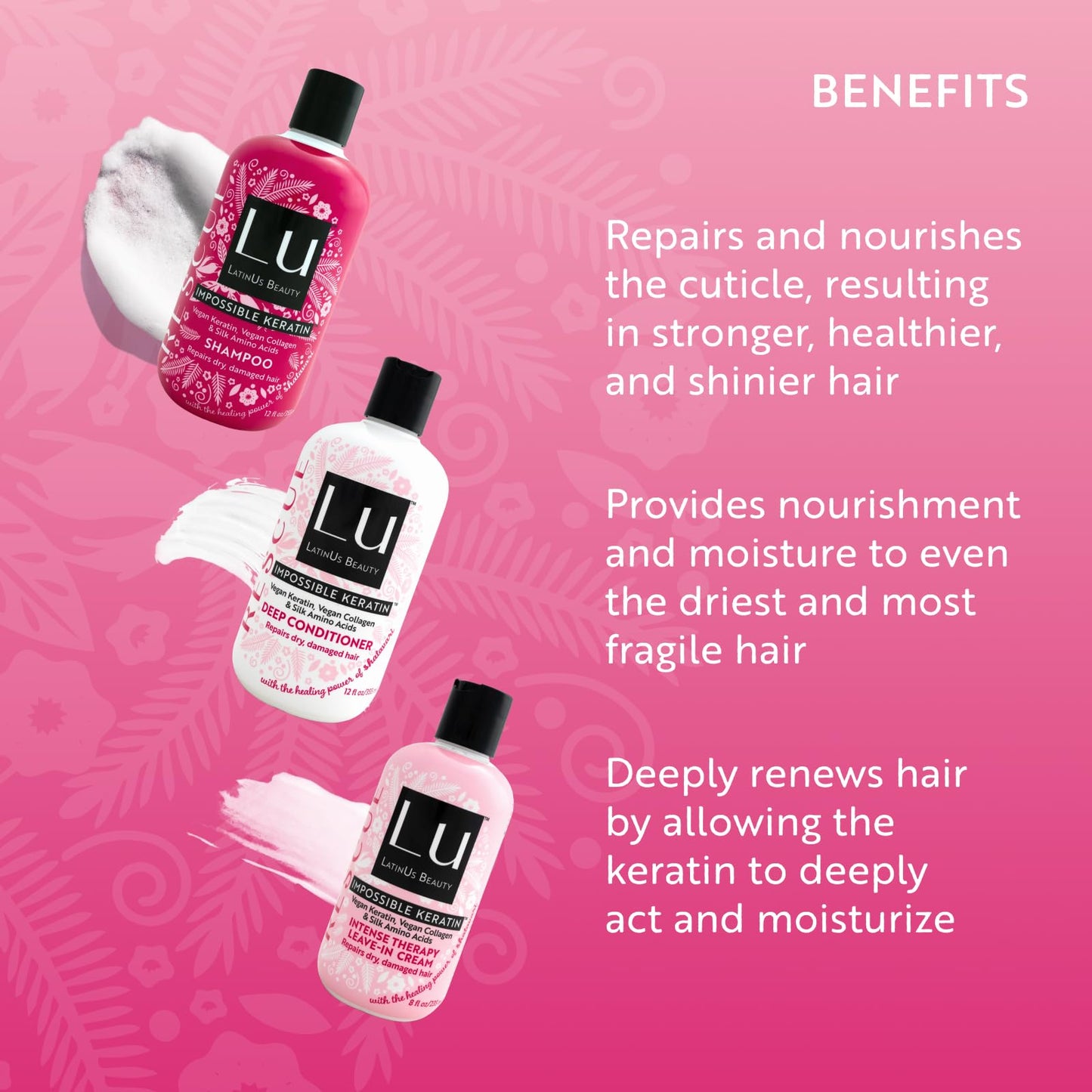 LATINUS BEAUTY RESCUE Collection, Impossible Keratin Anti-Frizz Shampoo (12 oz) + Conditioner (12 oz) + Leave-In Cream (8 oz) for Dry, Damaged Hair Beauty & Personal Care LATINUS BEAUTY