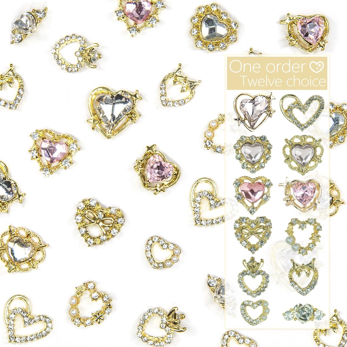 24pcs Heart Nail Charms Luxury Alloy Charms for Nails, qiipii 12 Pair 3D Gold Nail Art Rhinestones Nail Gems Golden Nail Crystal Diamonds Jewelry