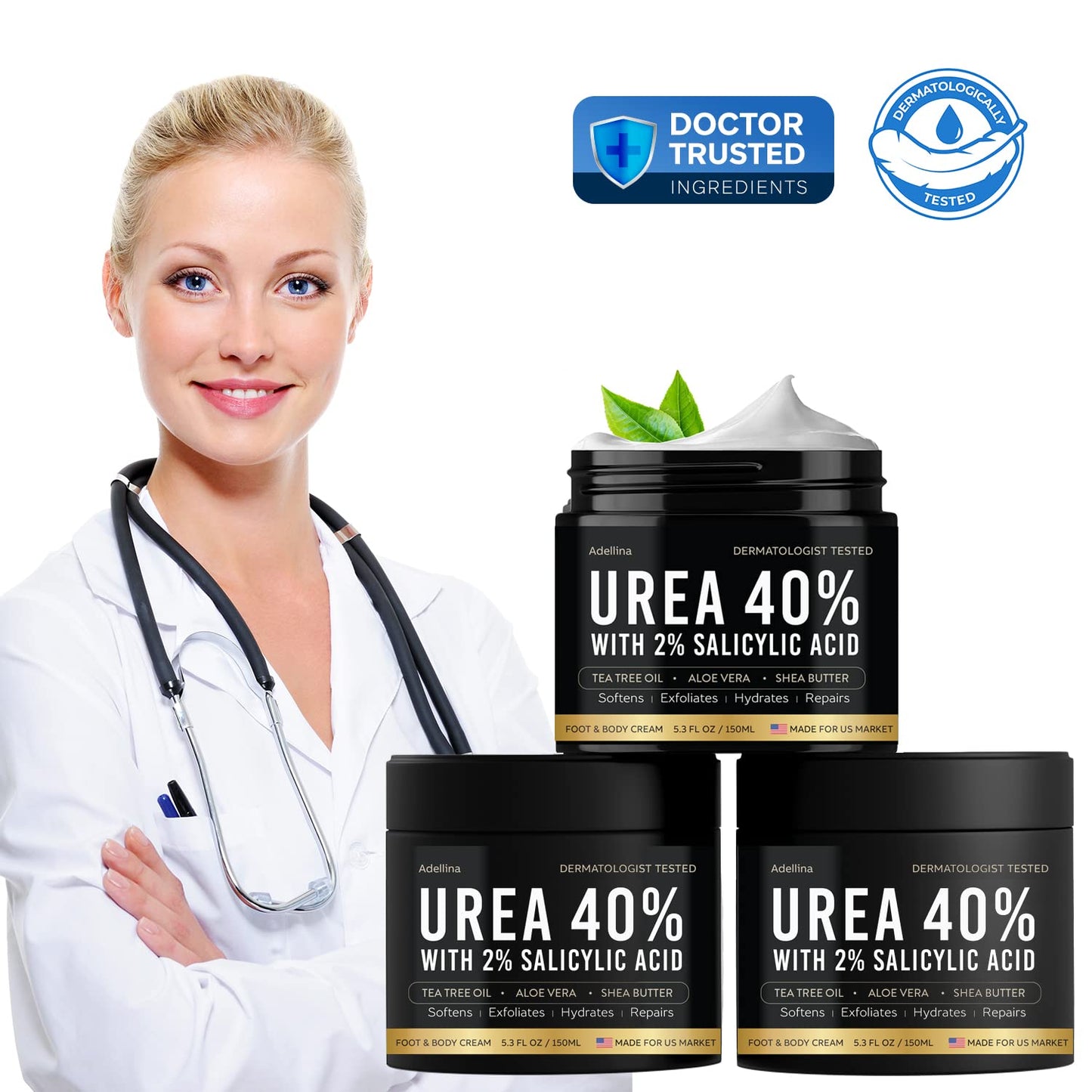 Adellina Urea Cream 40 Percent for Feet Maximum Strength, Urea Foot Cream for Dry Cracked Heels Feet Knees Elbows, 40% Urea Foot Repair Lotion 5.3 OZ Beauty & Personal Care Adellina