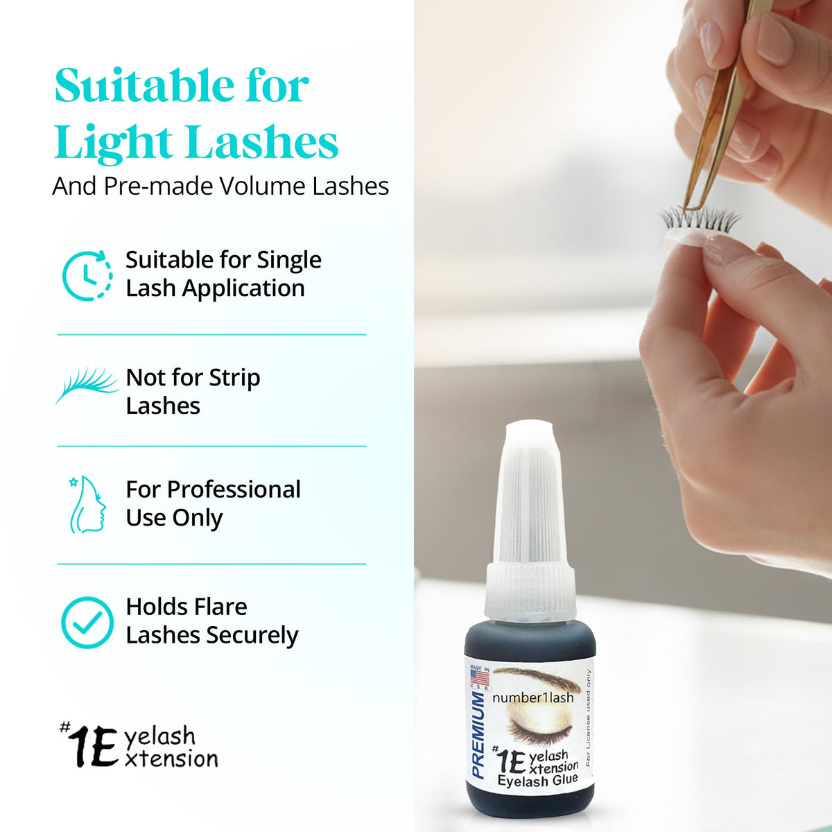 #1Eyelash Extension Premium Professional Adhesive Glue, Black, 0.34 Fl Oz, Made in USA, Water Resistant for License Used only.