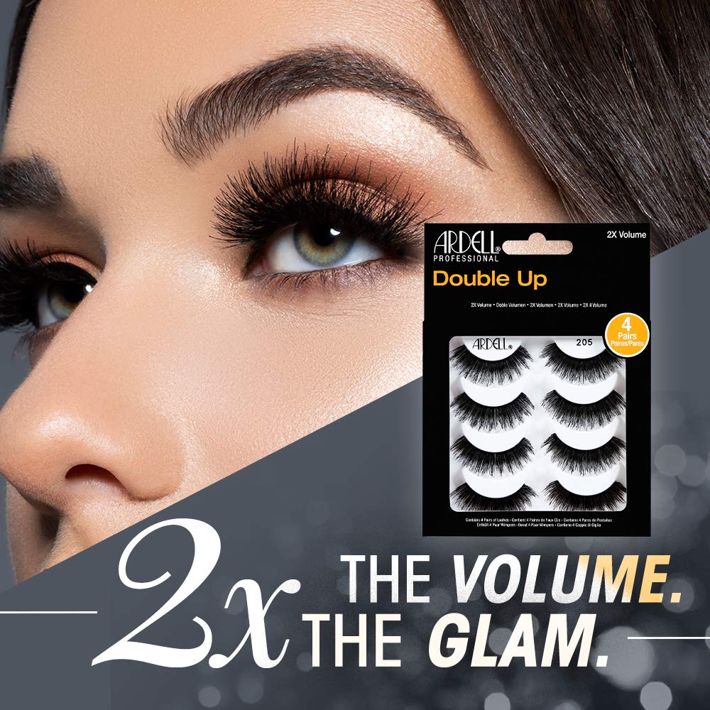 Ardell False Eyelashes Double Up 205 - Black, Dramatic Volume & Length Strip Lashes, Reusable Fake Lashes, 4 Pack
