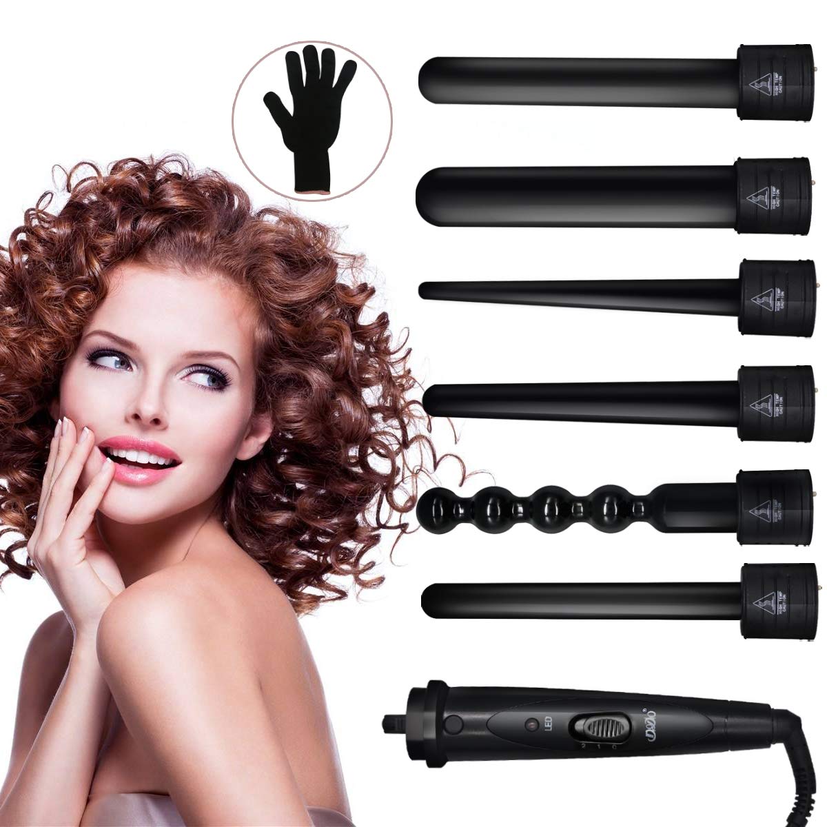 6 in 1 Curling Iron Wand Set with 6 Interchangeable Ceramic Barrels and Heat Protective Glove (Black-6in1) (Black-6) Beauty & Personal Care MENQANG
