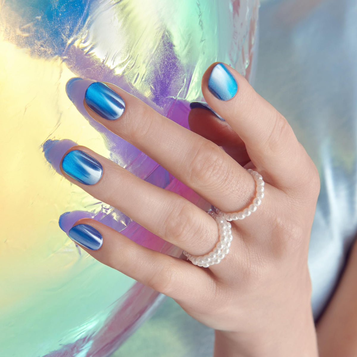 Kiss colorFX by Impress Press On Nails, Reconnect, 30 No Glue Peel and Stick Nails Kit with IMPROVED Adhesive, Blue Short Oval Pearlescent Effect