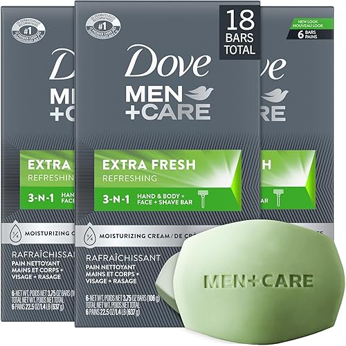 Dove Men+Care Soap Bar, Extra Fresh Scent 3-Pack (18 Bars) - Hydrating 3-in-1 Body, Hand, and Face Cleanser for Men, 22.5 Oz Ea Beauty & Personal Care Dove