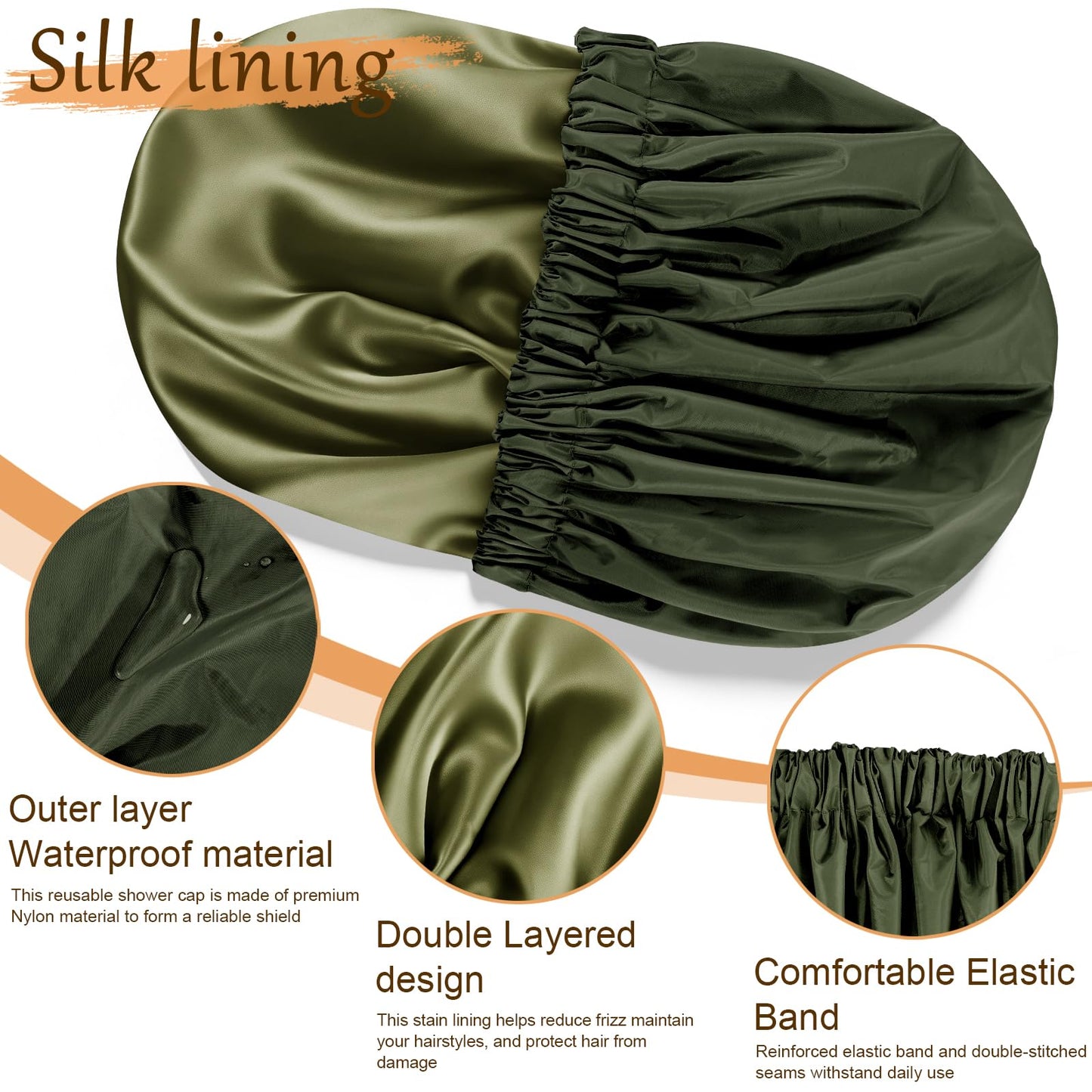 Doitory Satin Lined Shower Cap for Women, Reusable Waterproof Hair Cap, Large Washable Bath Caps with Soft Elastic Band, Protect Long Hair Braids(Dark Beauty and Personal Care Doitory