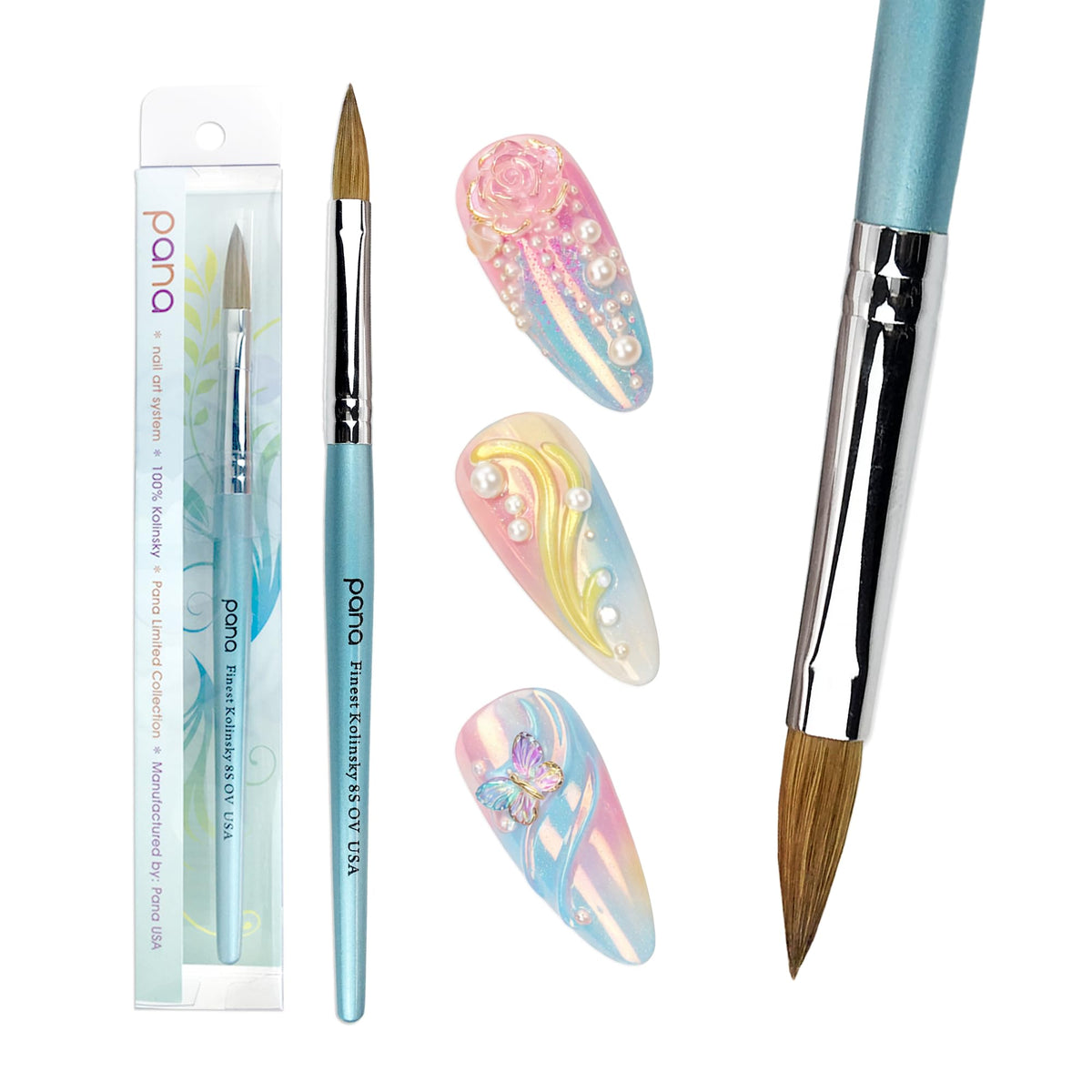 pana USA Acrylic Nail Brush100% Pure Kolinsky Hair New Teal Wood Handle with Silver Ferrule Oval Crimped Shaped Style (Size # 8)
