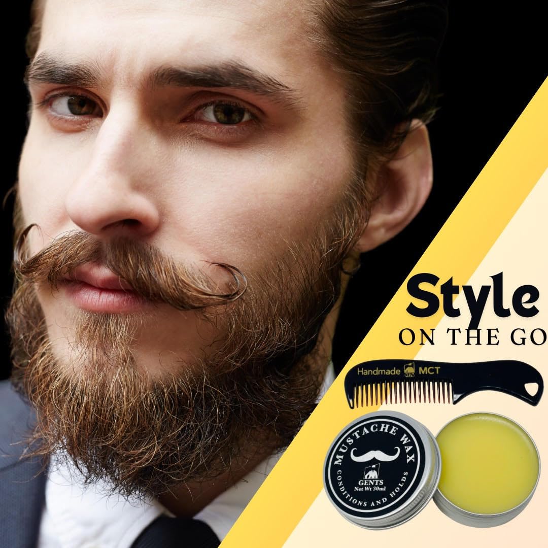 Gents Unscented Mustache Wax Kit - Extra Strong Hold, Fragrance Free - Includes Handmade Mustache Comb, Trimming Scissors & Black Beard Filler Pen Beauty and Personal Care G.B.S