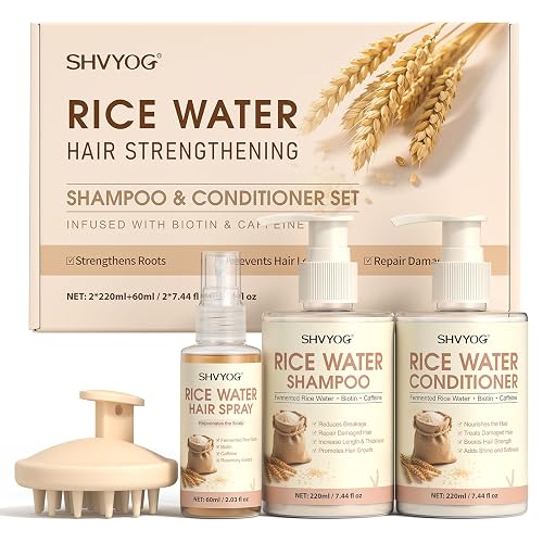 Rice Water Shampoo and Conditioner Set with Hair Growth Spray & Scalp Massager Brush, Enriched with Biotin & Caffeine, 4-in-1 Rice Water Hair Growth Beauty & Personal Care SHVYOG