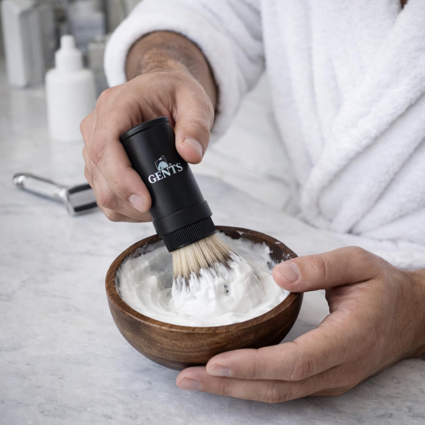 GENTS Travel Shaving Brush with Collapsible Canister - Synthetic Bristles, Compact Portable Wet Shaving Brush for Men, Chrome-Style Travel Grooming Beauty and Personal Care G.B.S