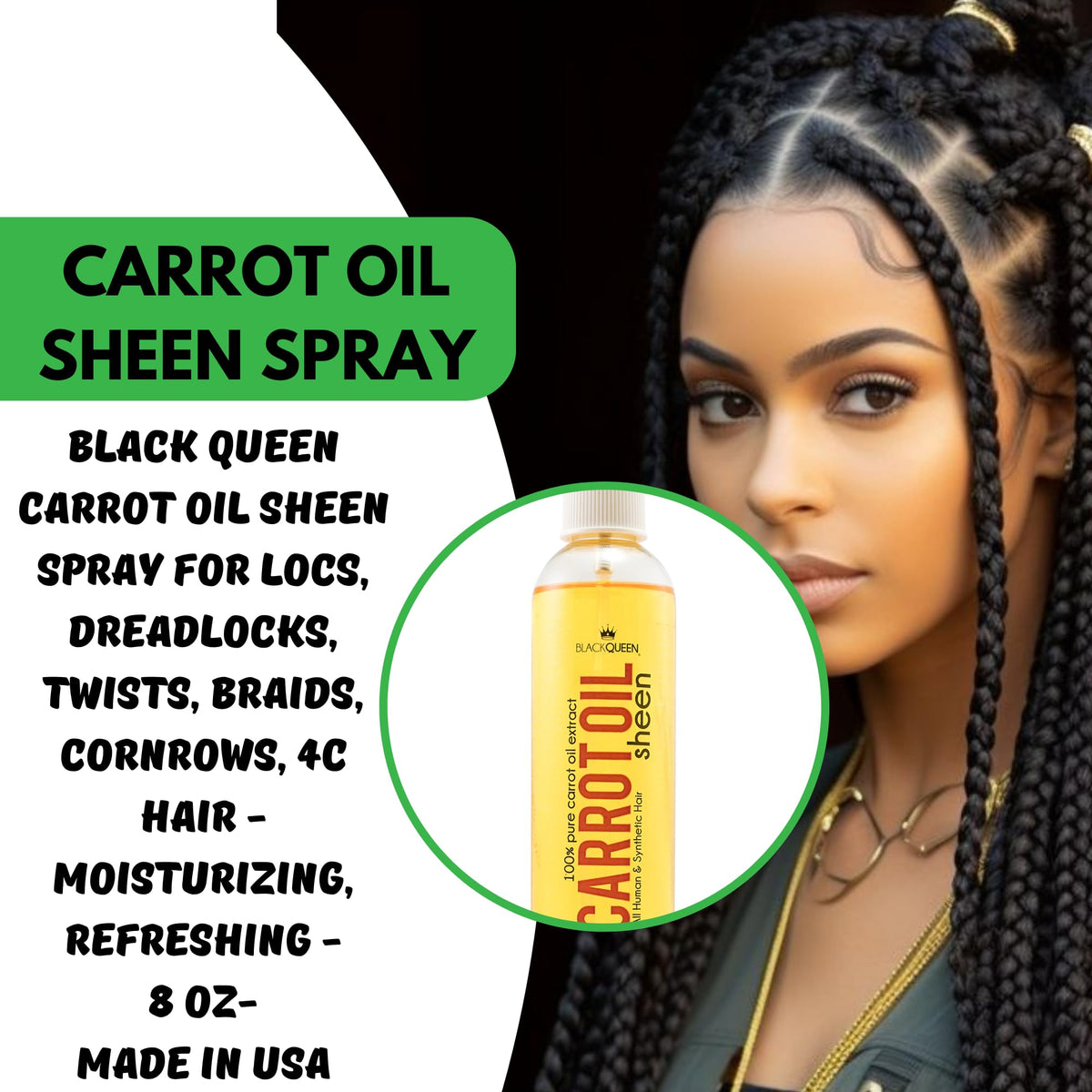 Black Queen Carrot Oil Sheen Spray for Locs, Dreadlocks, Twists, Braids, Cornrows, 4C Hair - Moisturizing, Refreshing - Made in the USA - 2oz - Pack