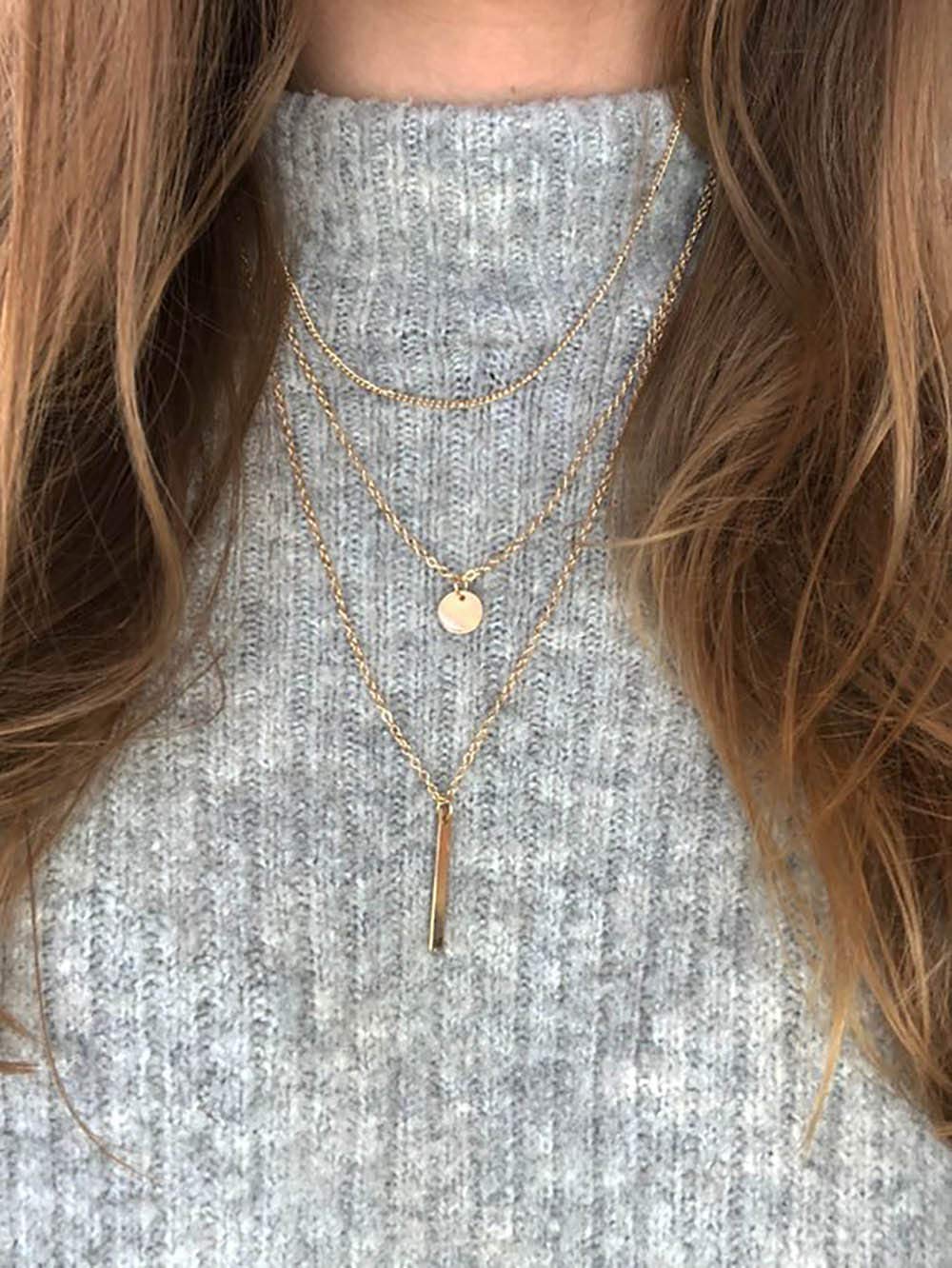 DoubleNine Multilayer Necklace Gold Bar Pendant Simple Sequins Geometric Necklace Layered for Women Beauty & Personal Care Doubnine