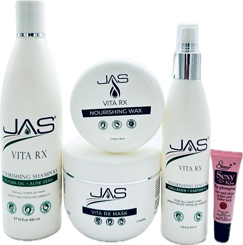 JAS Vita Rx Nourishing Shampoo 16 Oz, Conditioner 16 Oz & Hydrating Leave In with Jojoba Oil + Aloe Vera 8 Oz + Vita RX Wax 4 oz "Free Lip Plumping Beauty & Personal Care JAS Systems