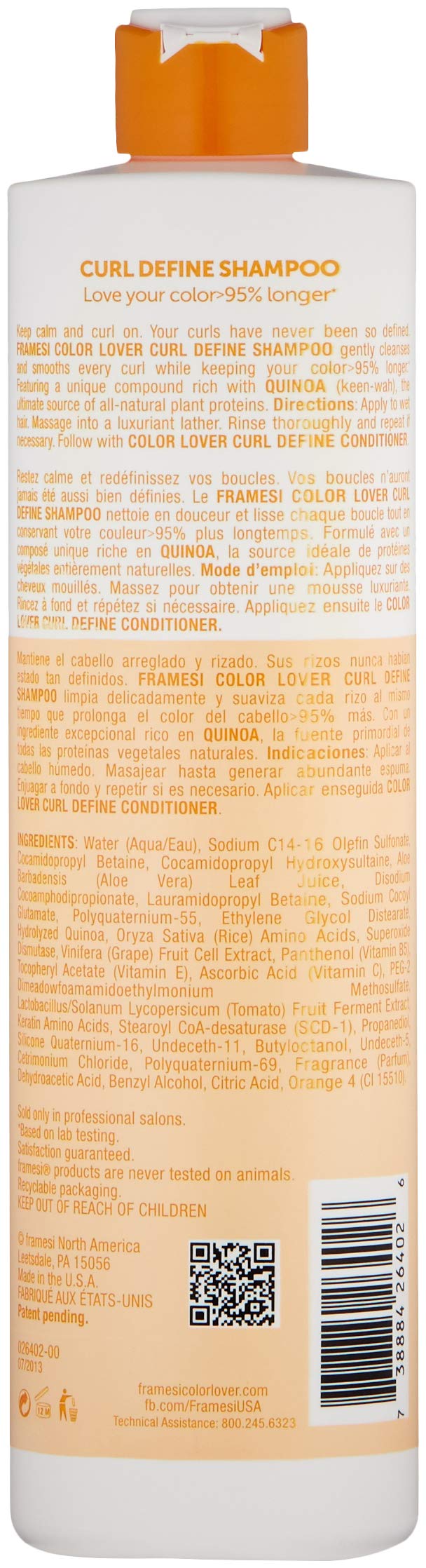 FRAMESI Color Lover Curl Define Shampoo, 16.9 fl oz, Shampoo for Curly Hair with Quinoa and Aloe Vera, Color Treated Hair Beauty & Personal Care FRAMESI
