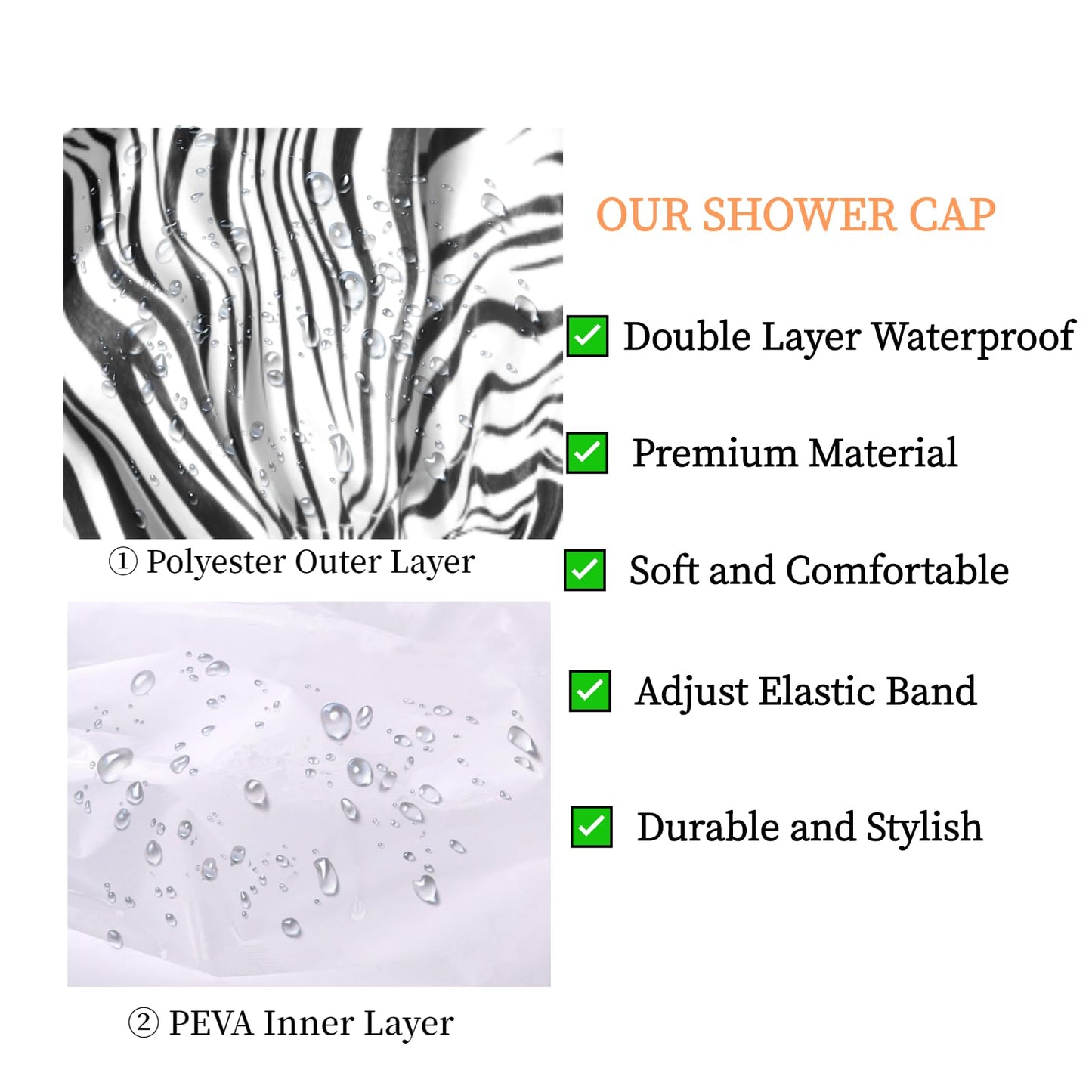 Fishent Shower Cap, Large Shower Caps for Women Reusable Double Layer Waterproof, Adjustable Extra Large Shower Cap for Long Hair and Braids?Zebra Beauty & Personal Care Fishent