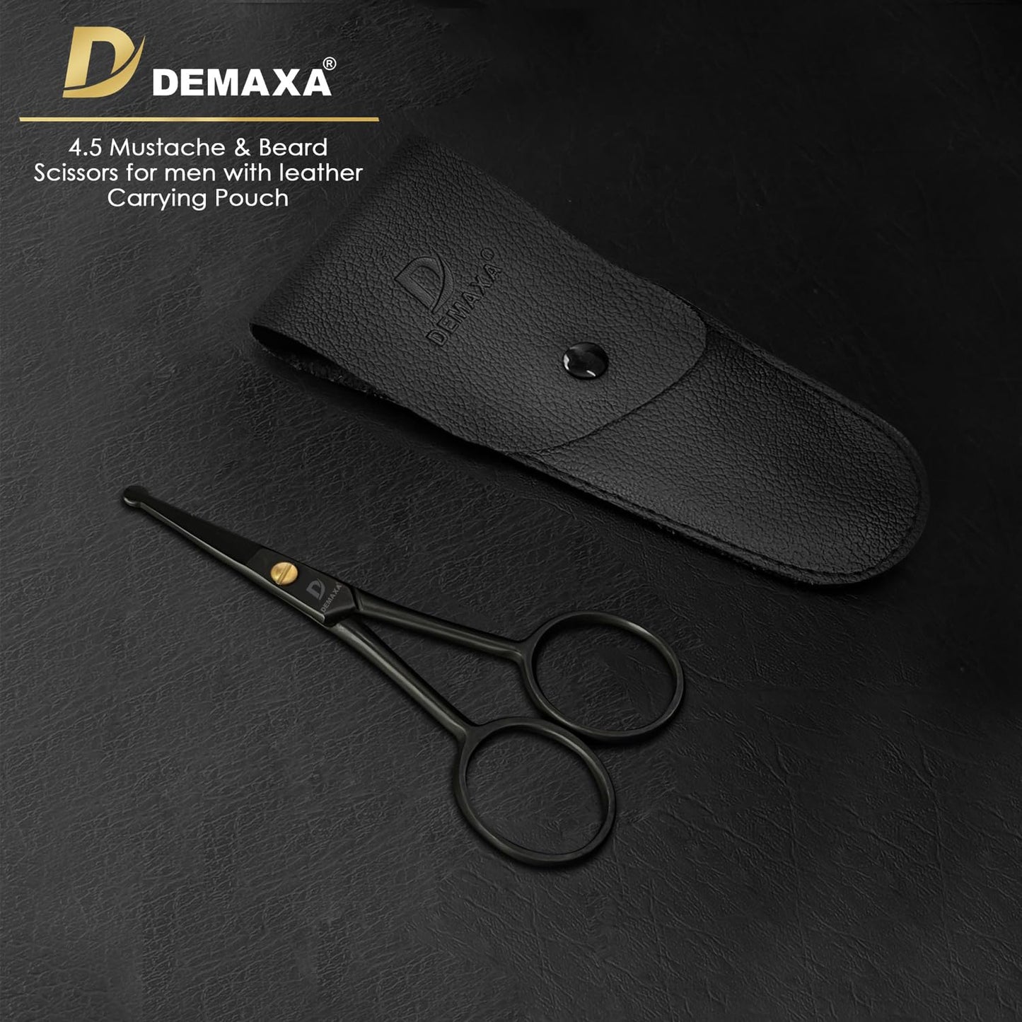 DEMAXA 4.5" Round Tip Safety Mustache Scissors Beard Scissors with 1 Mustache Comb, 1 Beard Comb & Soft Pouch - Best Facial Hair Shears for Beard Beauty and Personal Care DEMAXA