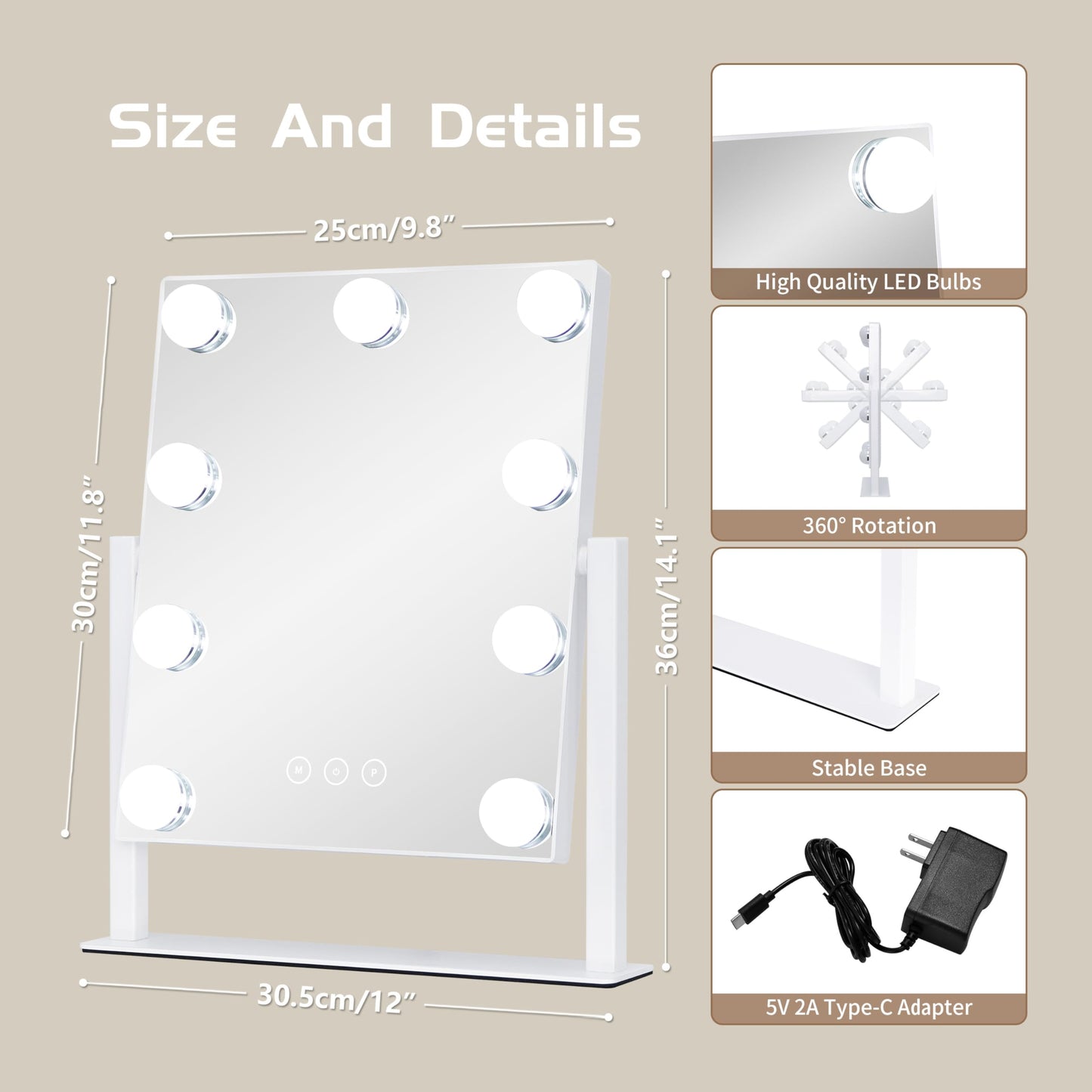 NUSVAN Vanity Mirror with Lights, Makeup Mirror with Lights,3 Color Lighting Modes Detachable 10X Magnification Mirror Touch Control,360°Rotation Beauty & Personal Care NUSVAN