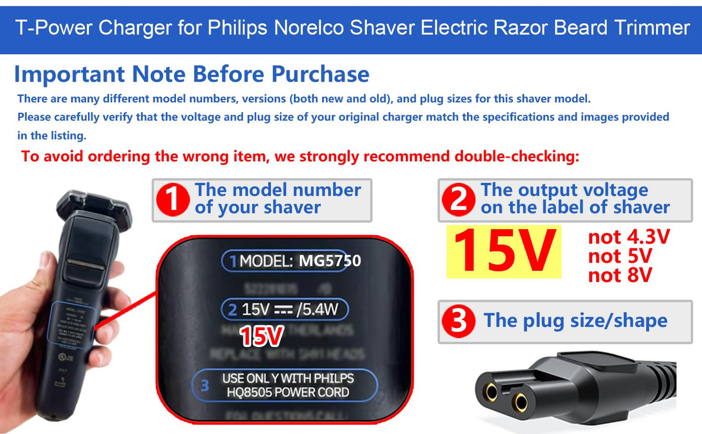 T POWER 15V Charger for Philips One Blade QP2630 QP6510 QP6520 Norelco QG3200 QG3320 QG3300 Series All-in-One 7900 Philips Shaver QT4070 QG3380 QG3360 Beauty and Personal Care T POWER