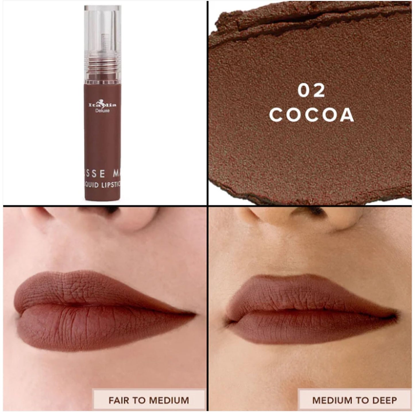 Italia Deluxe Pick 1 Mousse Matte Liquid Lipstick Comfortable Velvet Finish & Zipper Bag (190-02 : COCOA, Full Size) Beauty & Personal Care Italia Deluxe