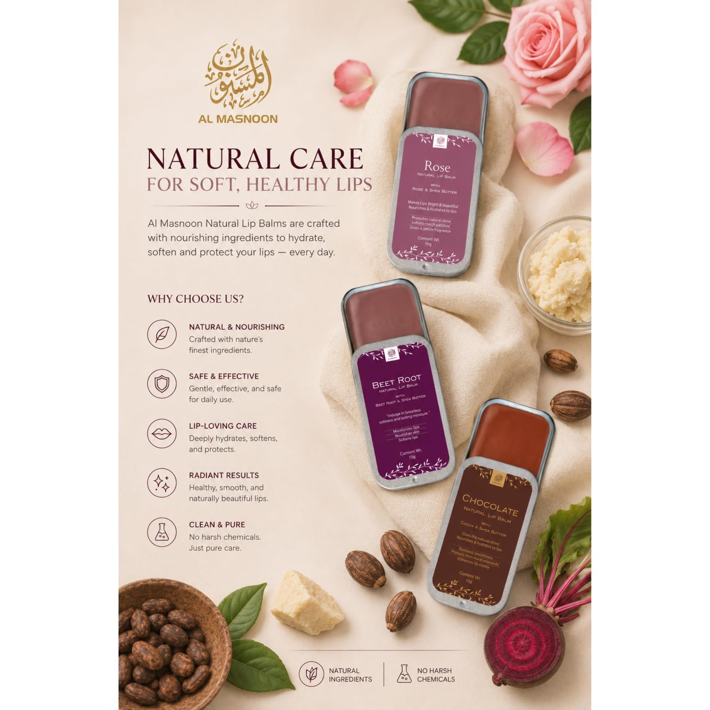 AL MASNOON 100% Natural Beetroot,Rose & Chocolate Lip Balm with Shea Butter & Beetroot Extract - Nourishing & Moisturizing 10g Pack, No Color Added Beauty and Personal Care al masnoon