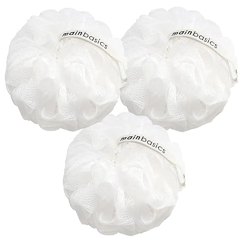 MainBasics Bath Shower Loofah Sponge Pouf Body Scrubber Exfoliator Body Wash Sponge (Set of 3, Snow White) Beauty & Personal Care MainBasics