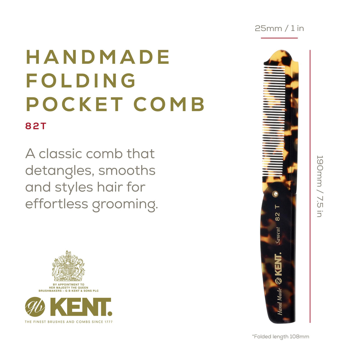 Kent 82T TY Handmade Folding Pocket Comb for Men, Fine Tooth Hair Comb Straightener for Everyday Grooming Styling Hair, Beard or Mustache, Use Dry or