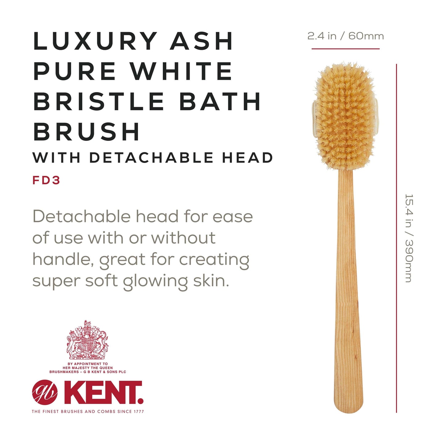 Kent FD3 Luxury Beechwood Body Scrubbing Exfoliating Bath/Shower Brush with 100% Pure White Bristle. Long Handle with Detachable Head, Wet/Dry Back Beauty and Personal Care KENT