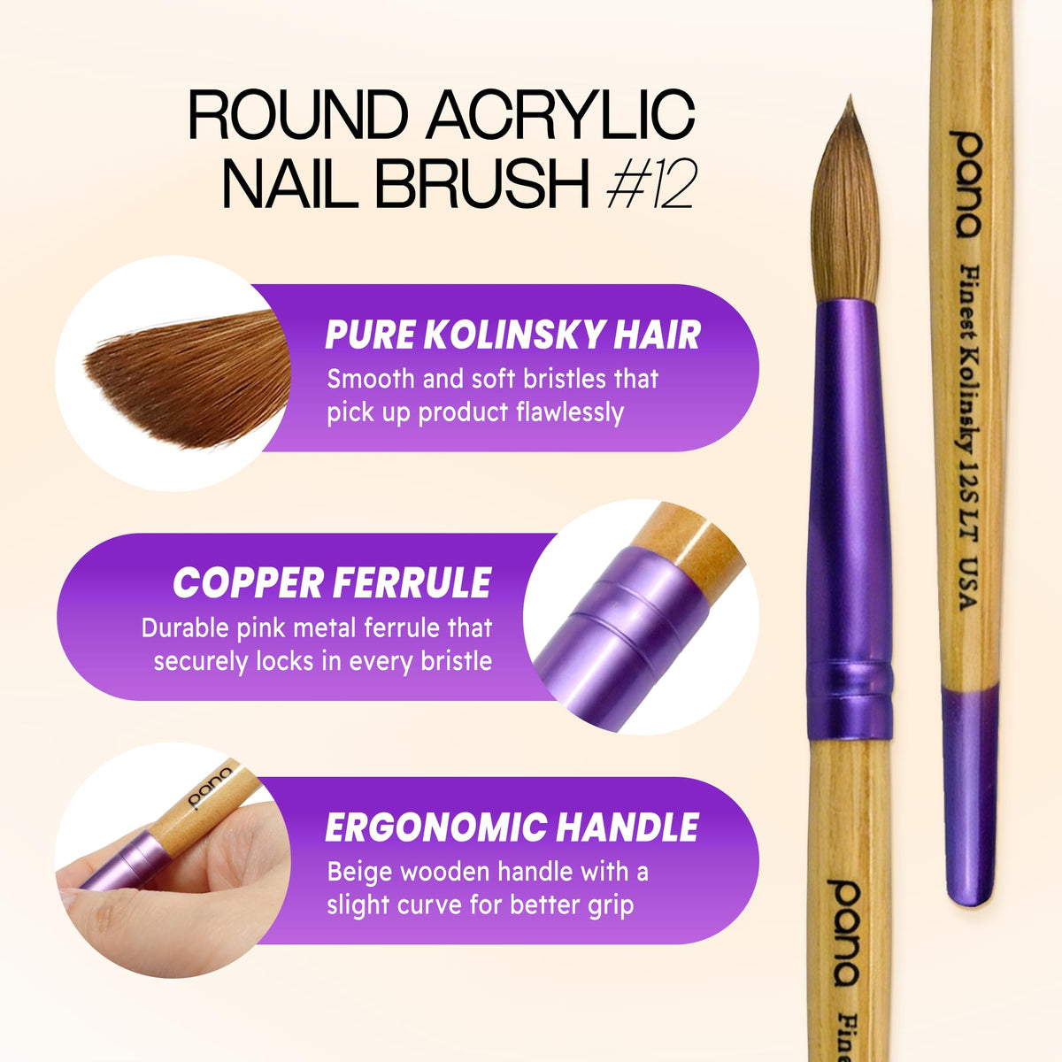 Pana USA Acrylic Nail Brush100% Pure Kolinsky Hair New LIMITED EDITION BEIGE PURPLE Wood Handle with Purple Ferrule Round Shaped Style (Size # 12)