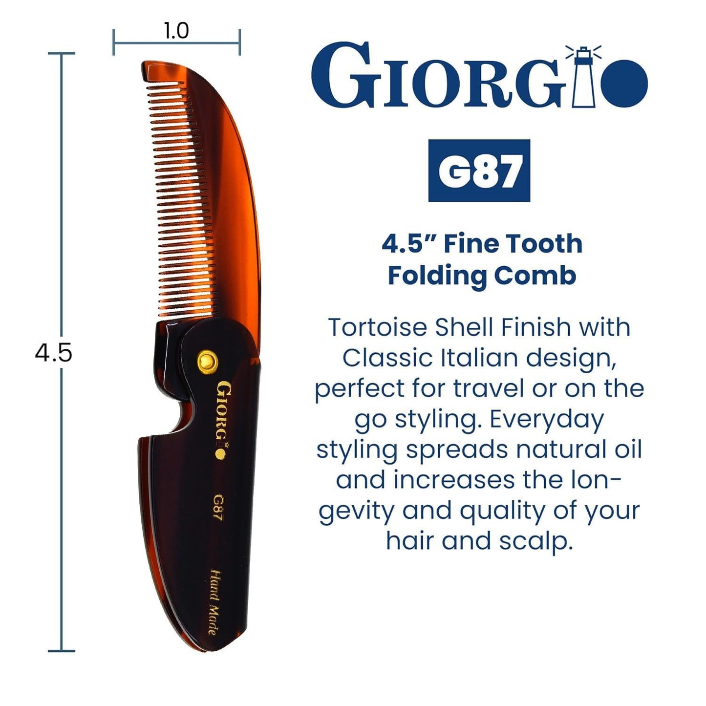 Giorgio G87 Folding Mustache and Beard Comb, Small Pocket Comb for Men,Fine Tooth,Handmade, Saw-cut, Hand Polished,Pocket Styling Combs for Everyday Beauty and Personal Care GIORGIO