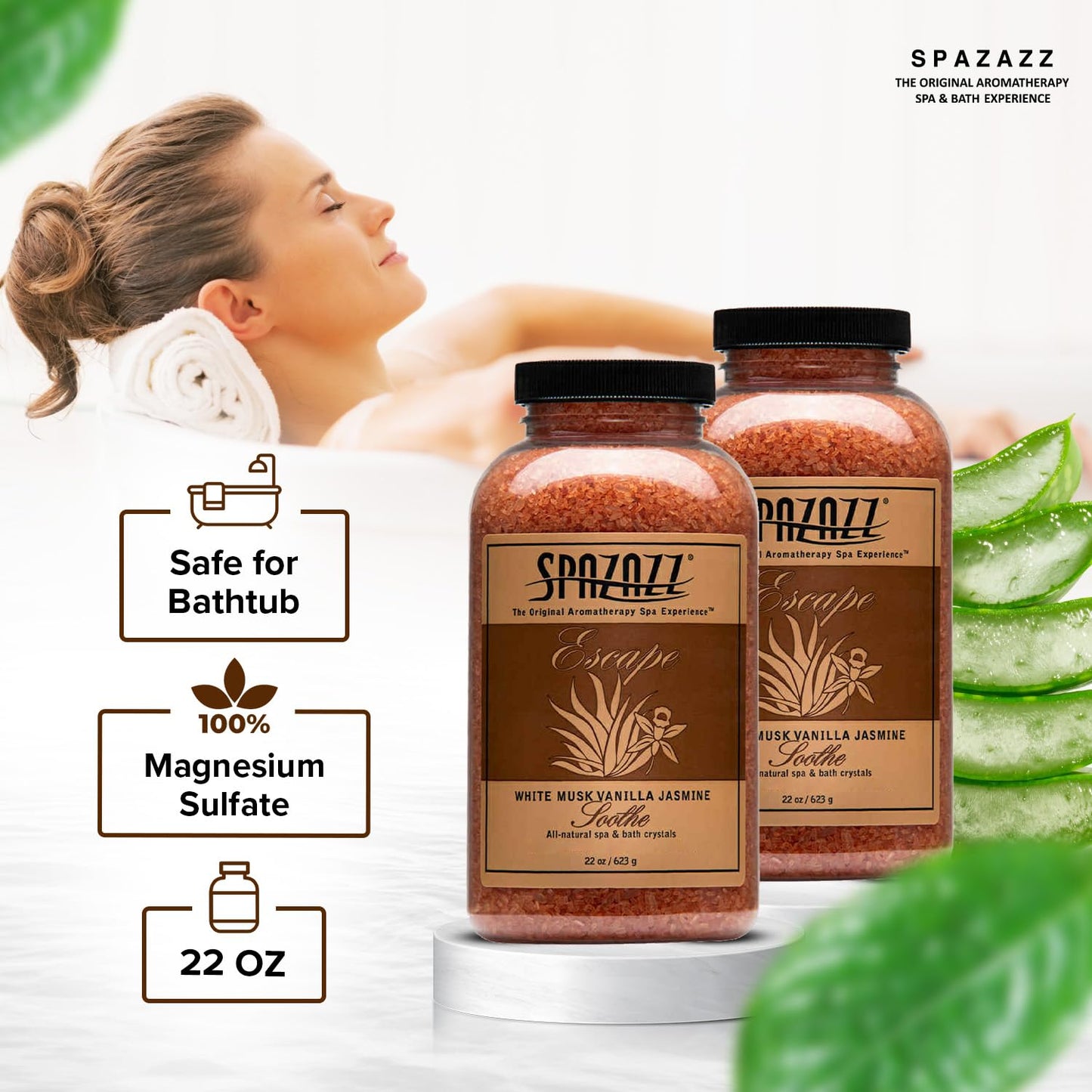 Spazzaz Escape Hot Tub & Spa Bath Salt Aromatherapy Crystals - 22oz White Musk Vanilla Jasmine Scented Bath Salts - Mineral Soaking Salts for Relaxing Beauty and Personal Care Spazazz