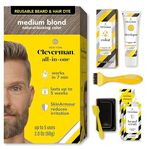 Reusable Hair & Beard Dye for Men - Medium Blond 8.01 | Up to 5 Uses, 7 Minutes | Natural Gray Coverage, No-Drip Cream with SkinArmour® - Cleverman Beauty & Personal Care CLEVERMAN