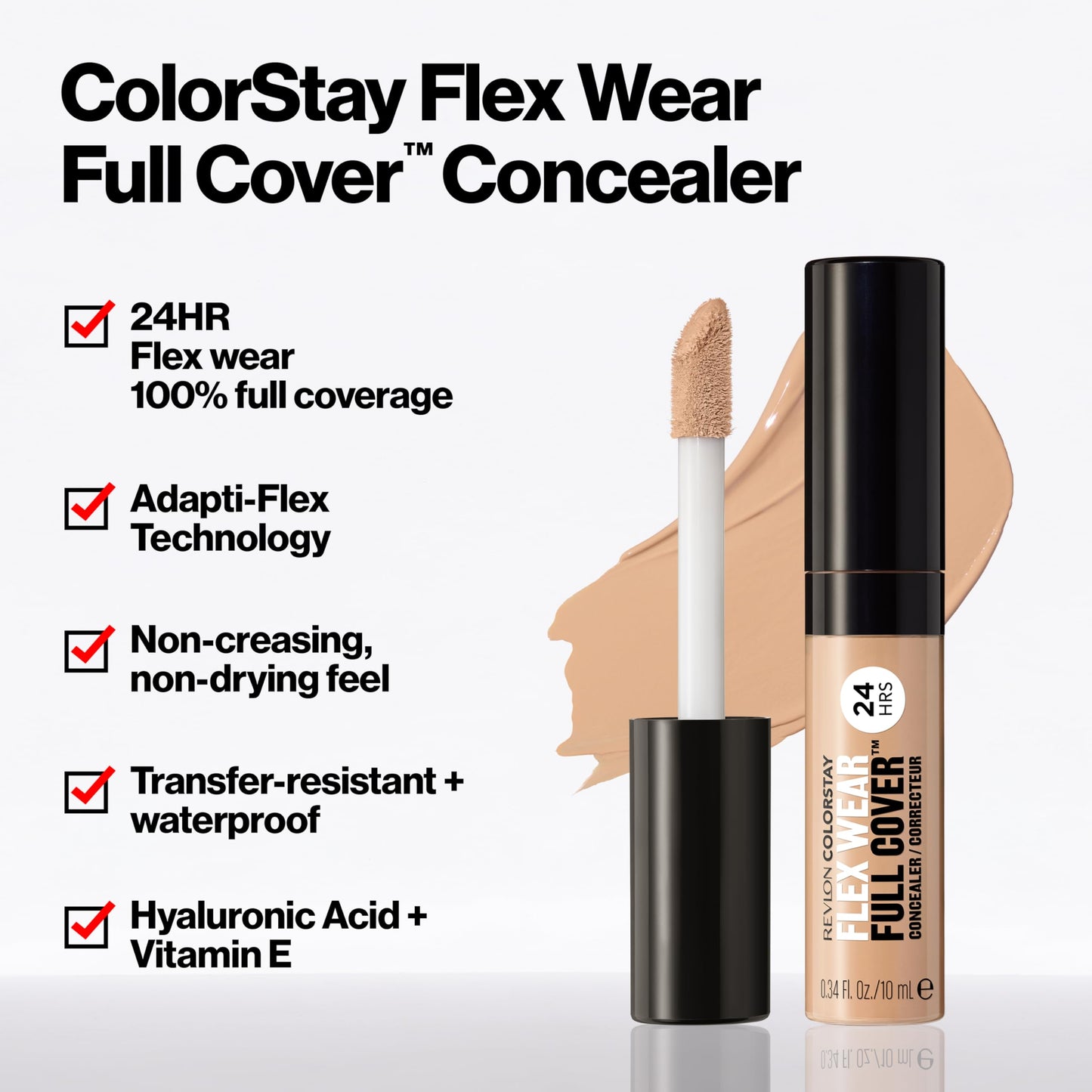 Revlon ColorStay Flex Wear, Full Cover Non-Creasing Concealer, Infused with Hyaluronic Acid & Vitamin E, Flexible Longwear, 005 Fair, 0.34 Fl Oz Beauty & Personal Care REVLON