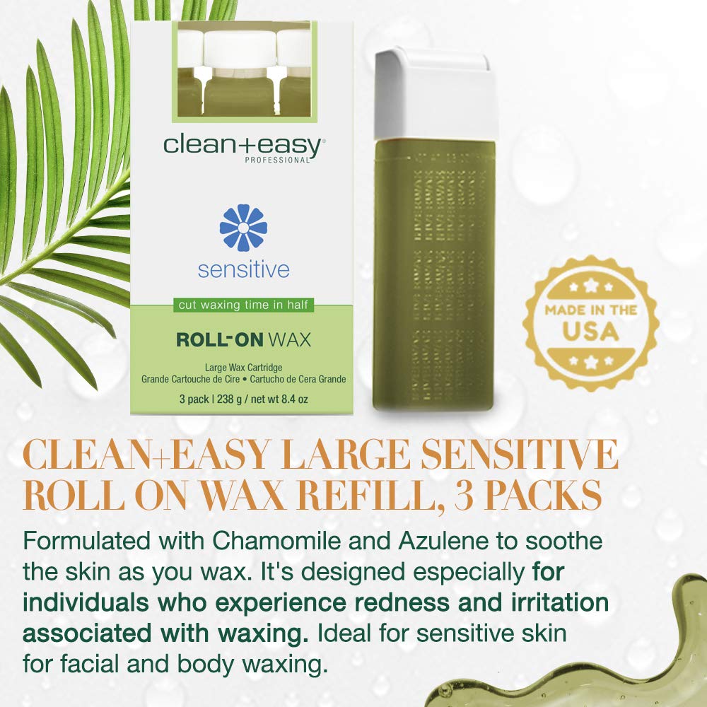 Clean + Easy Large (Leg) Sensitive Roll-On Wax Refill, for Hygienic Facial and Body Hair Removal Treatment, Great for Sensitive Skin, Ideal for All Beauty and Personal Care Clean + Easy