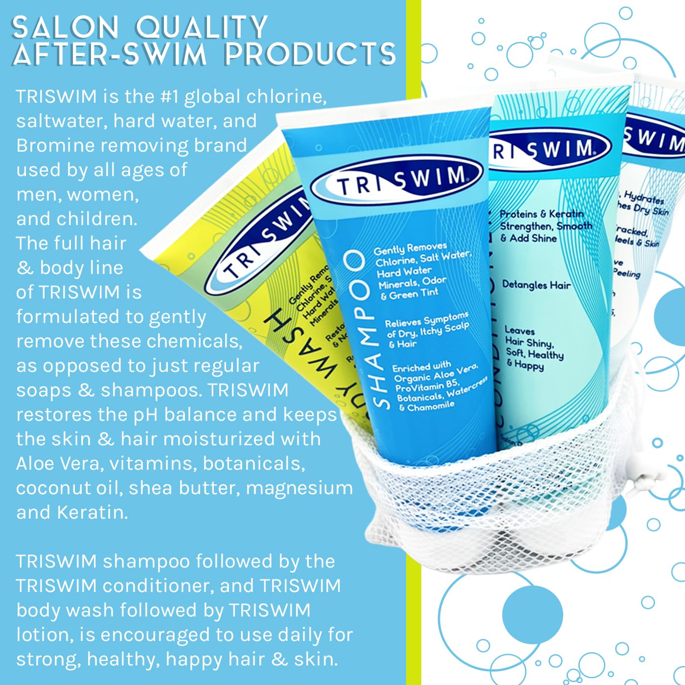 TRISWIM Pack of 4 Swim Care Set | Chlorine Removal Shampoo, Conditioner, Body Wash & Lotion, 8.5 fl oz Each | Removes Chlorine from Hair & Skin | Beauty & Personal Care TRISWIM