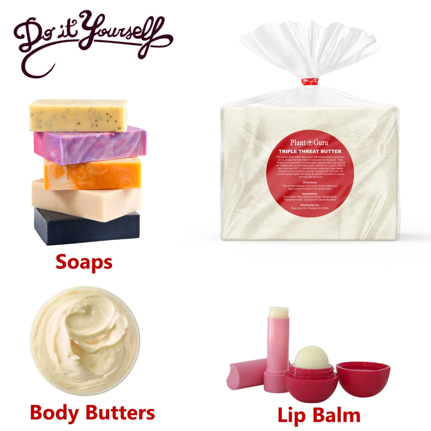 Plant Guru Triple Threat Body Butter 8 oz. - Blend of Shea, Mango & Coconut Oil - 100% Pure Natural Raw Unrefined Moisturizer For Dry Skin, Face Beauty & Personal Care Plant Guru