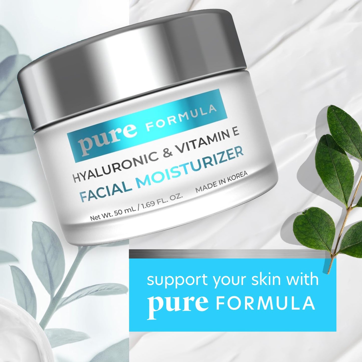 Pure Formula Hyaluronic Acid & Vitamin E Daily Face Moisturizer - Reduce Acne Scars, Fines Lines, Wrinkles, Hydrating Day Cream - Cruelty Free Korean Beauty & Personal Care Pure Formula