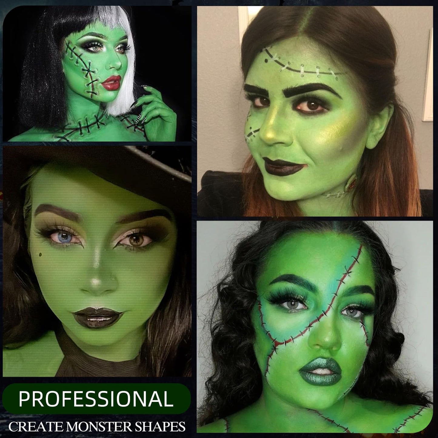 Halloween Witch Makeup Set, Includes Green Face Body Paint, Black Eyeliner, False Eyelashes, Red Lipstick, Setting Powder, Sponge - SFX Face Painting Beauty & Personal Care obullights