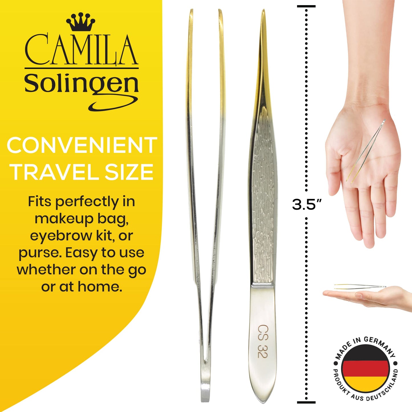 Camila Solingen CS32 3 1/2" Gold Tipped, Surgical Grade, German Carbon Steel Tweezers (Pointed) - Flawless Eyebrow and Facial Hair Shaping and Removal Beauty and Personal Care Camila Solingen