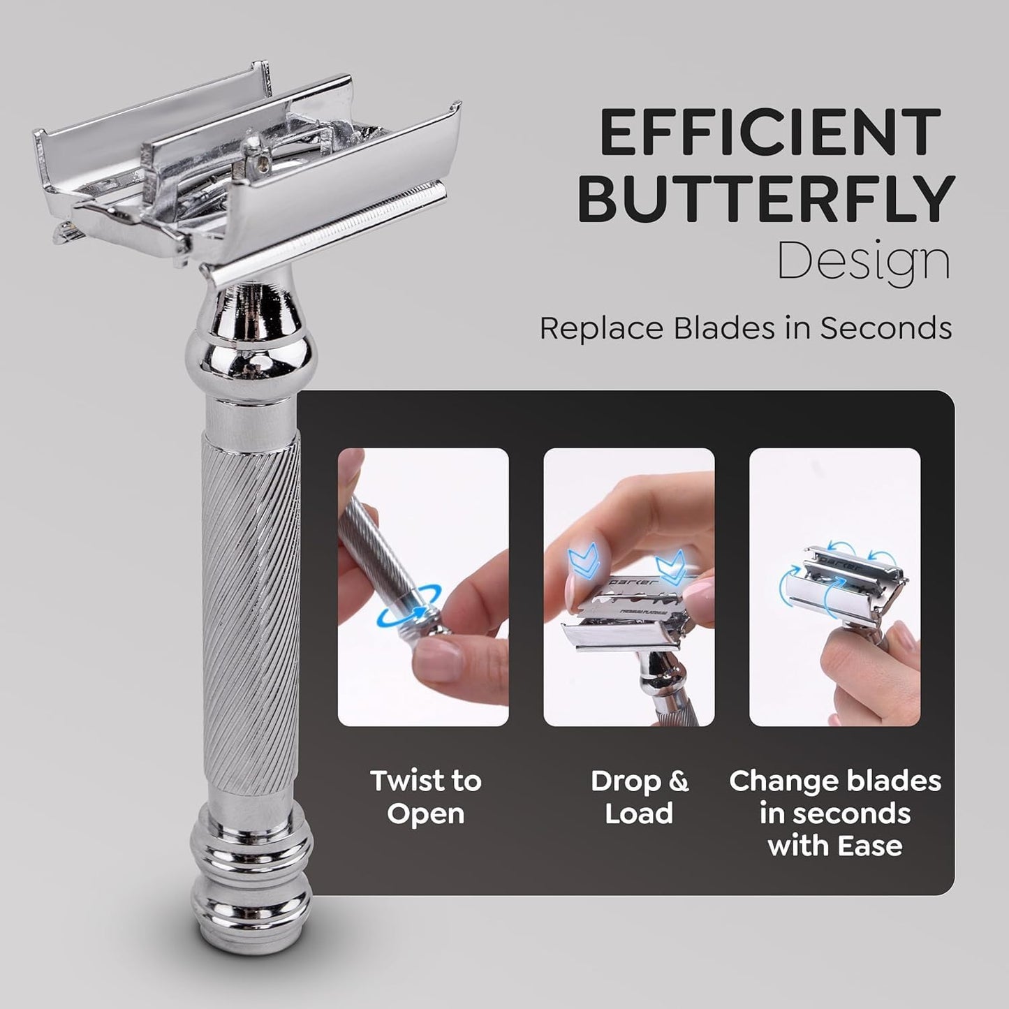 Parker 99R Chrome Long Handle Heavyweight Butterfly Open Double Edge Safety Razor for Men - 5 Parker Premium Platinum Double Edge Razor Blades Beauty and Personal Care Parker Safety Razor