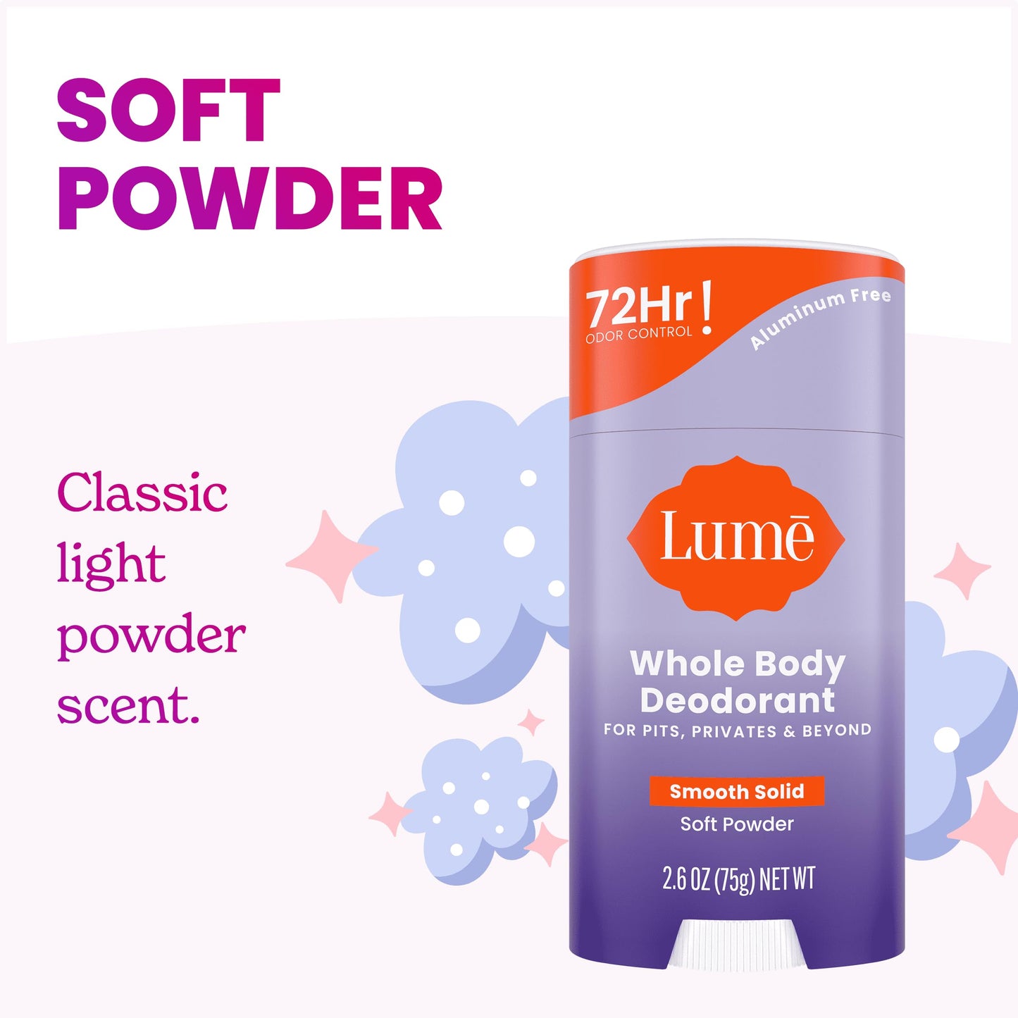 Lume Whole Body Deodorant - Smooth Solid Stick - 72 Hour Odor Control - Aluminum Free, Baking Soda Free and Skin Safe - 2.6 Ounce (Pack of 2) (Soft Beauty and Personal Care Lume