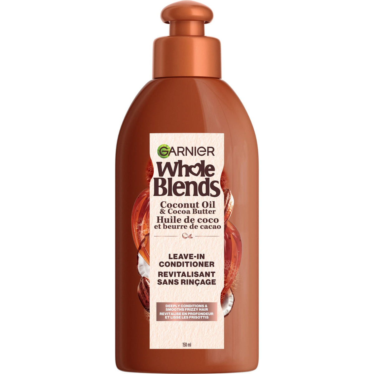Garnier Whole Blends Coconut Oil & Cocoa Butter Smoothing Leave in Conditioner for Frizzy Hair, 5.1 Fl Oz, 1 Count (Packaging May Vary)