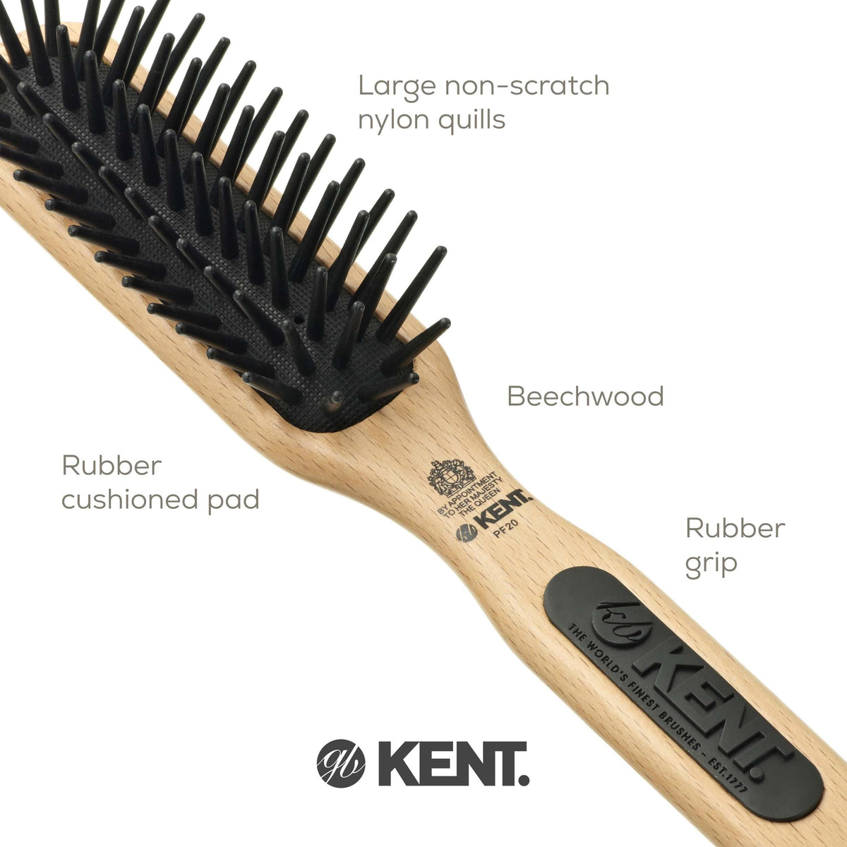 Kent PF20 Narrow Cushion Paddle Brush - Taming Fat Pins, Detangling Long Thick and Curly Hair, Scalp Massager and Growth Stimulator for All Hair