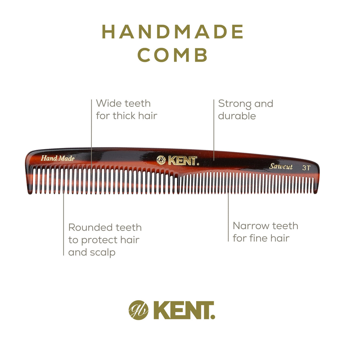 Kent 3T 6.5 Inch Double Tooth Dressing Comb, Fine and Wide Tooth Grooming Comb for Hair, Beard, Mustache and Styling for Men, Women, Kids, Made in