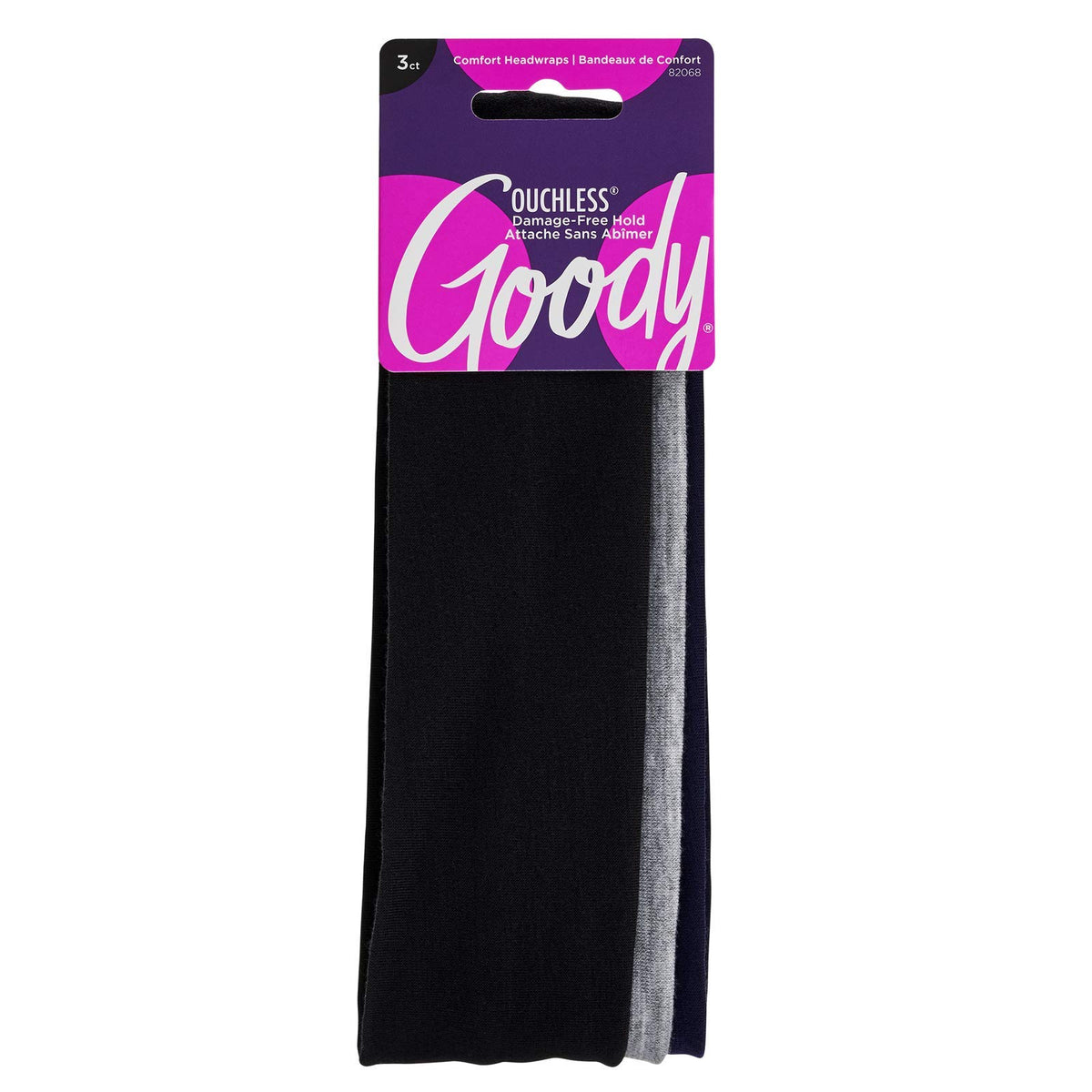 Goody Ouchless Comfort Head Wraps - 3 Ct, Black/Grey/Navy Blue, Soft & Stretchy Fabric Headbands for Women & Men, Secure Hold Yoga, Workout Headband,