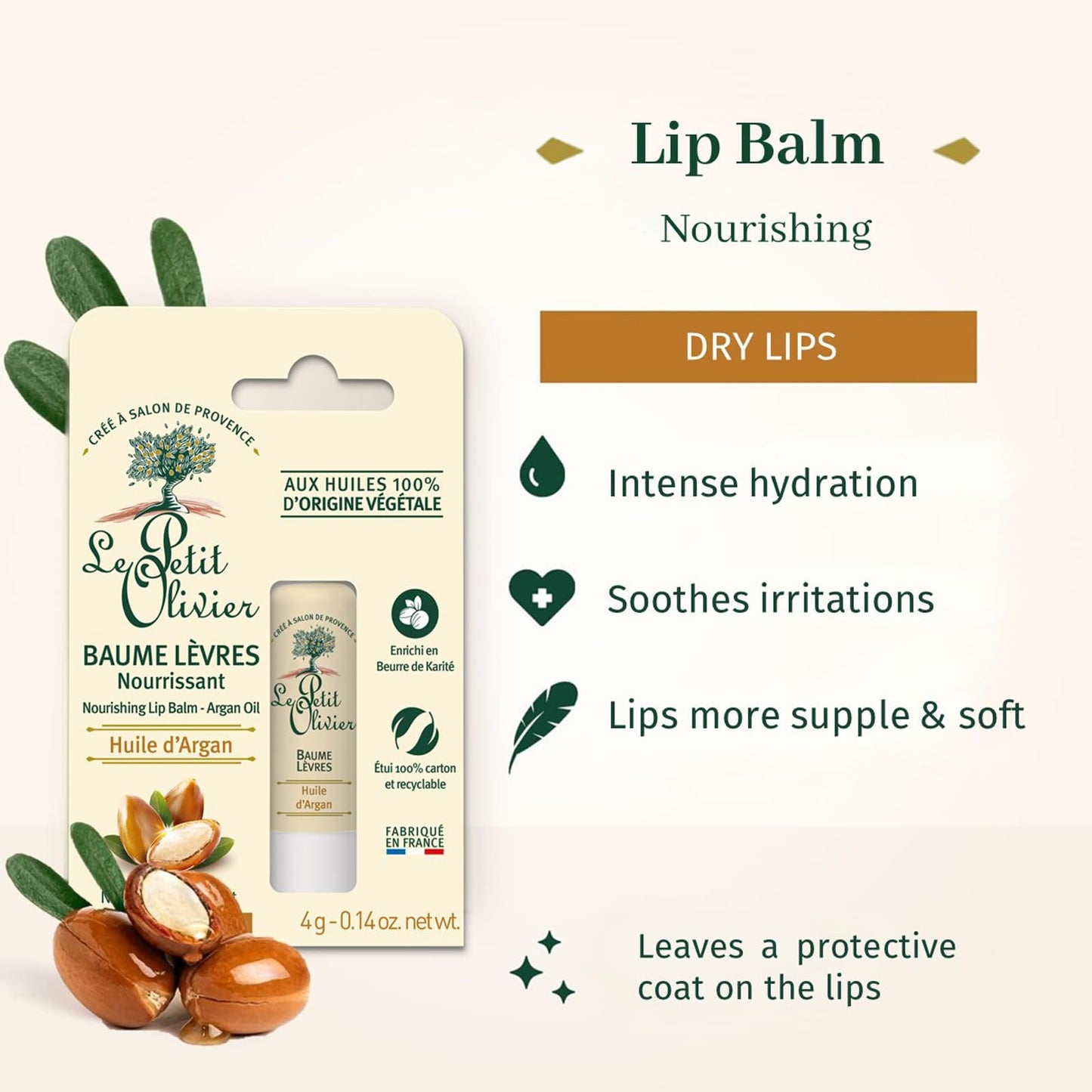 Le Petit Olivier Nourishing Lip Balm Stick - Enriched with Argan Oil - Softens and Smooths Dry Lips - Made with Natural Vegetable Oils - 0.14 oz Beauty and Personal Care Le Petit Olivier